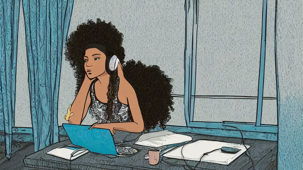 Image similar to black girl, curly hair, with headphones, studyng in bedroom, window with rio de janeiro view, lo-fi illustration style, digital art, alive colors