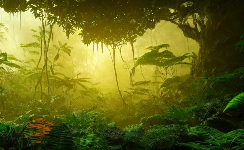 Prompt: a beautiful render of a prehistoric rainforest, lush flora, dark green, orange, intricate detail, sunset, hazy, volumetric lighting, 8 k, photorealistic, raytracing effects, unreal engine 5