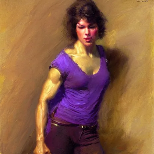 Prompt: a woman in a purple shirt with a muscular body type, painting by Gaston Bussiere, Craig Mullins