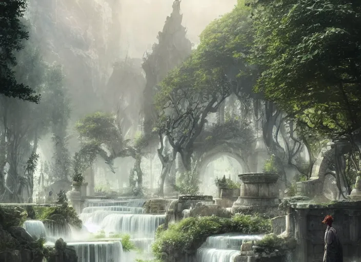 Image similar to A hot spring in a beautiful elven city made of white marble, anime, lush trees, fountain, a fantasy digital painting by Greg Rutkowski and James Gurney, trending on Artstation, highly detailed