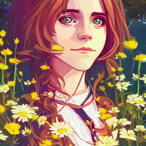 Image similar to portrait of Emma Watson as Hermione, dressed as Cleopatra, field of flowers background, rich vivid colors, ambient lighting, dynamic lighting, 4k, HQ, anime key visual, makoto shinkai, ilya kuvshinov, lois van baarle, rossdraws, detailed, trending on artstation