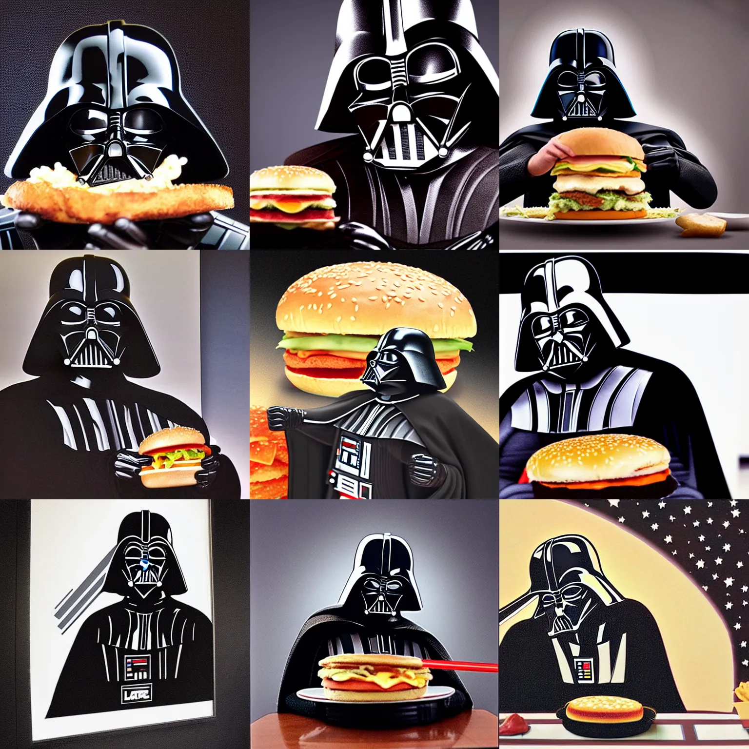 Prompt: Darth Vader eating a Big Mac, photo realistic, award-winning, highly-detailed