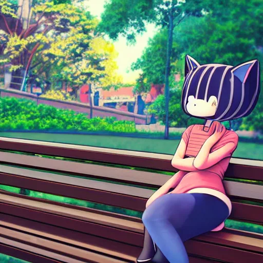 Image similar to 3 d photo of bill cosby with cat ears and long hair looking to her side, sitting on a bench with a park behind her, bokeh, shader, anime art style, highly detailed, cel - shaded, colorful, animated, trending