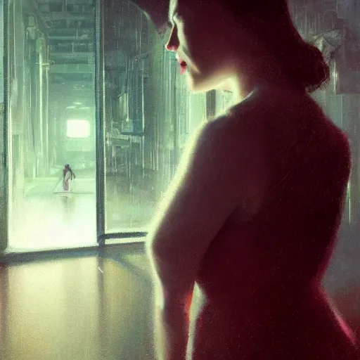 Image similar to detailed portrait of a woman, moment, cyberpunk cloisters, electronic billboards, searchlight, tech noir, wet reflections, atmospheric, ambient, livia prima, greg rutkowski, edward hopper