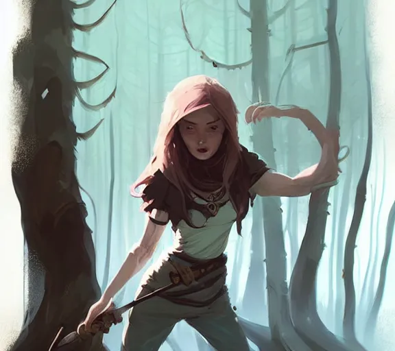 Image similar to painted woman adventurer in the evil woods, fantasy, by atey ghailan, by greg rutkowski, by greg tocchini, by james gilleard, by joe fenton, by kaethe butcher, hearthstone, art by artgerm dynamic lighting, gradient light blue, brown, blonde cream and white color scheme, grunge aesthetic