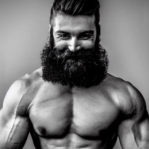 Prompt: lack and white photography of a very muscular man smiling with a chiseled jawline and trimmed beard