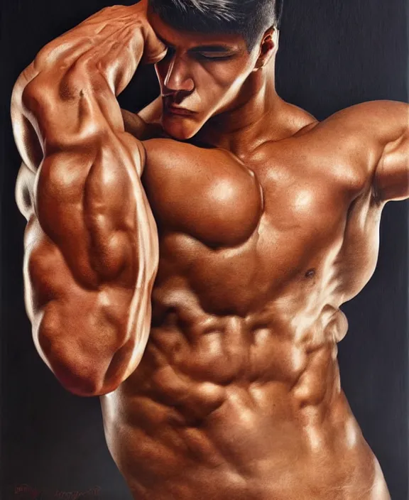 Prompt: heroic portrait of a handsome young mexican bodybuilder, art by denys tsiperko and bogdan rezunenko, hyperrealism