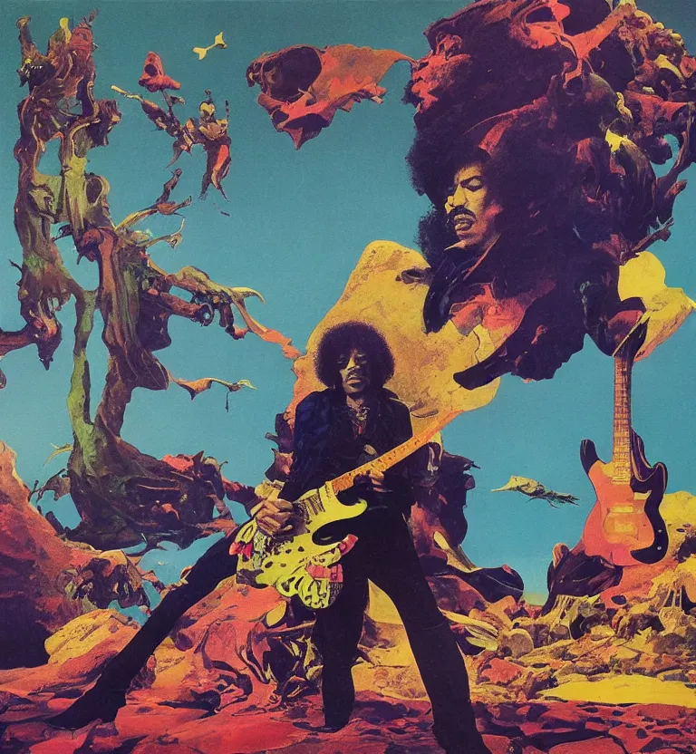 Prompt: colour portrait photography of jimi hendrix full body shot by annie leibovitz, moebius, josh kirby, scifi landscape in background by roger dean and syd mead and killian eng and james jean and giger and beksinski, greg hildebrandt, 8 k