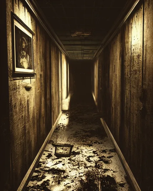 Image similar to Resident Evil 7, American gothic interior, mold growing on walls, wooden floor, atmospheric, nighttime scene, photorealistic narrow hallway with broken windows, horror