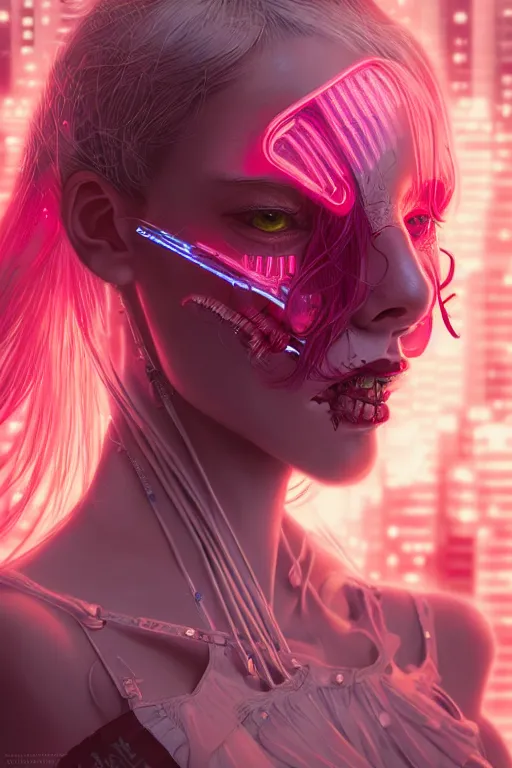 Image similar to portrait futuristic Devil Girl, in future cyberpunk tokyo rooftop , ssci-fi, fantasy, intricate, very very beautiful, elegant, human anatomy, neon light, highly detailed, digital painting, artstation, concept art, smooth, sharp focus, illustration, art by tian zi and WLOP and alphonse mucha