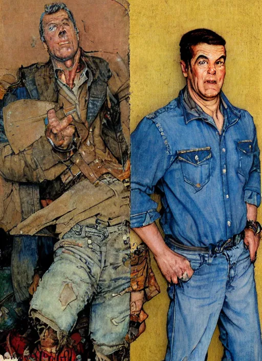 Prompt: full body and head portrait of huge Paul Dillett in tattered shirt and pants, painted by norman rockwell and greg staples and tom lovell and frank schoonover and jack kirby