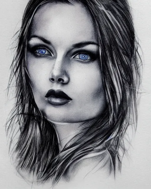 Image similar to tattoo design sketch of a beautiful blue - eyed woman face with a faded background of beautiful mountains and nature on her side, hyper - realistic, in the style of den yakovlev, amazing detail, black and white