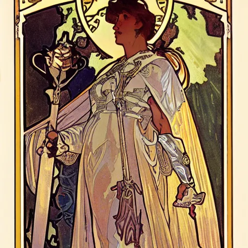 Prompt: paladin, painted by alphonse mucha