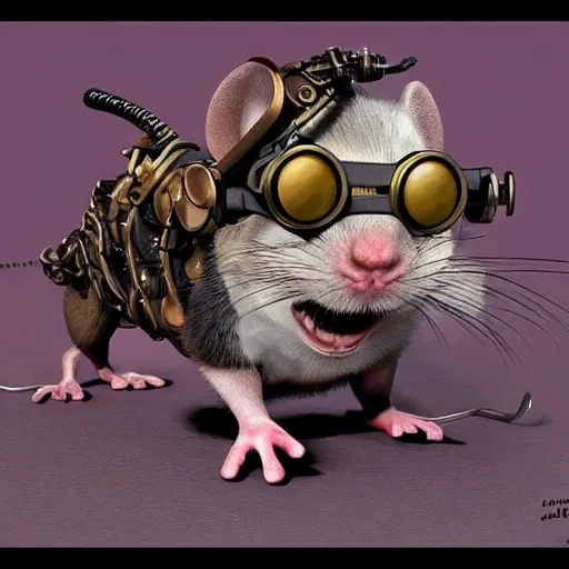 Prompt: a rat with steampunk googles, by Pixar Concept Artists
