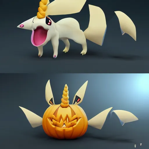 Image similar to A pokemon that looks like a Unicorn beetle, The crust is a whole pumpkin，Trending on art station. Unreal engine.