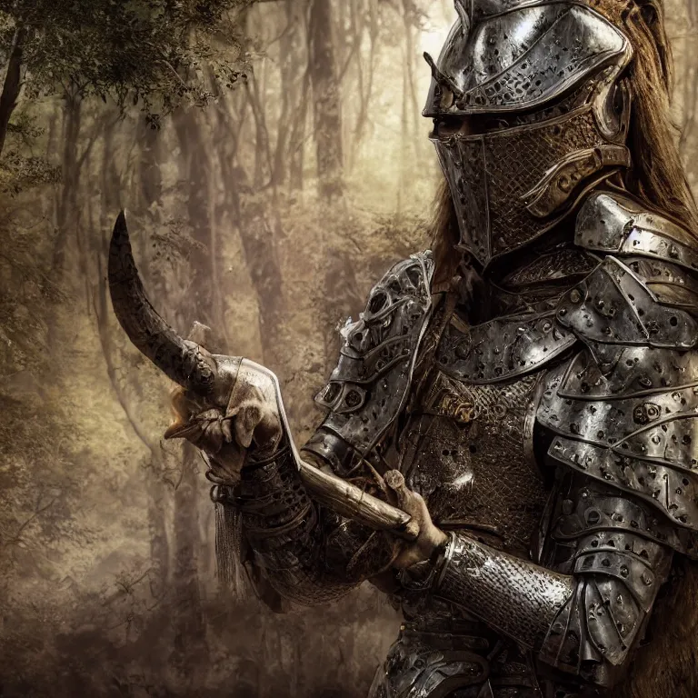 Prompt: armoured male warrior, in a fantasy forest, medieval style, highly detailed, smooth, sharp focus, character portrait, portrait, close up, concept art, intricate details, medieval poster, 8 k. lifelike. soft light. nikon d 8 5 0