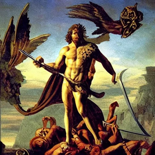 Image similar to The collage depicts the mythical hero Hercules in the moments after he has completed one of his twelve labors, the killing of the Hydra. Hercules is shown standing over the dead Hydra, his body covered in blood and his right hand still clutching the sword that slew the beast. His face is expressionless, betraying neither the exhaustion nor the triumph that must surely accompany such a feat. by Rob Gonsalves harrowing, harrowing