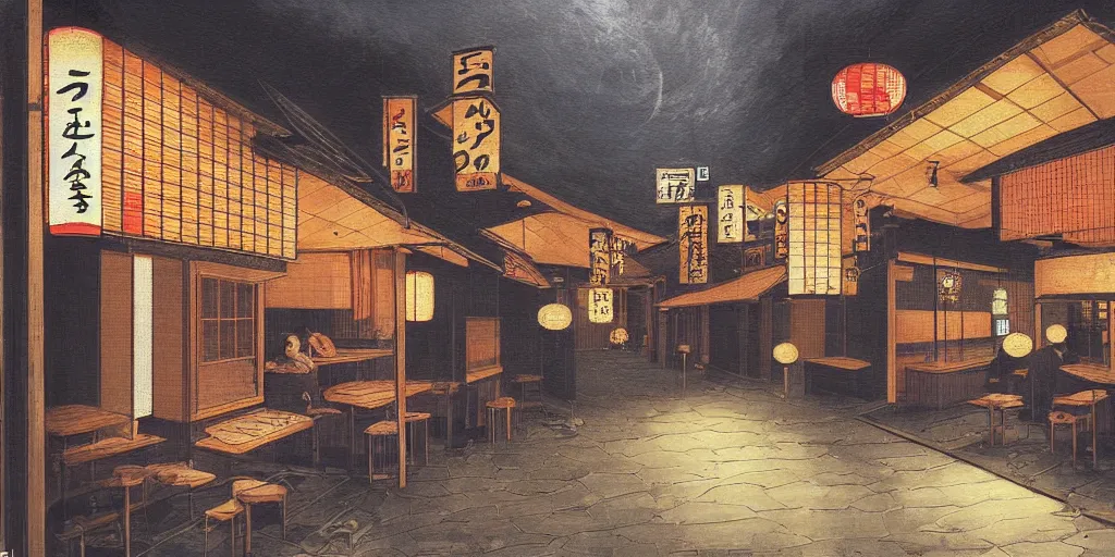 Image similar to A Japanese cafe in the style of the Nighthawk painting, highly detailed, mysterious atmosphere