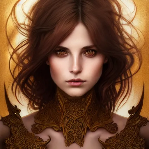 Image similar to brown haired demoness, full body portrait, gentle, female, city landscape, norway, d & d, fantasy, intricate, elegant, highly detailed, digital painting, brown and gold color palette, artstation, octane render, concept art, matte, sharp focus, illustration, herrarthstone, art by artgerm and greg rutkowski and alphonse mucha