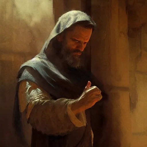 Image similar to Portrait painting of a medieval christian by his hands by greg rutkowski and Craig Mullins, Dark atmospheric and cinematic lighting