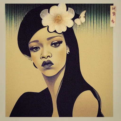 Image similar to “ rihanna portrait by ikenaga yasunari and ayana otake and ko rakusui, 6 0 s poster, drawing, realistic, sharp focus, japanese, dreamy, nostalgia, faded, golden hues, floral clothes, porcelain skin ”