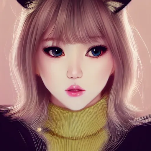 Image similar to realistic beautiful gorgeous natural cute Blackpink Lalisa Manoban blonde hair cute fur blonde cat ears wearing headphones wearing black leather choker in sweaters outfit golden eyes artwork drawn full HD 4K highest quality in artstyle by professional artists WLOP, Taejune Kim, Guweiz, ArtGerm on Artstation Pixiv