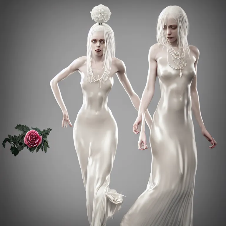 Prompt: alone with herself wonderful symmetrical beautiful albino goddess with a beautiful porcelain body dressed with a majestic semi transparent silk cream roses long dress, hightly ornate, intricate, detailed, dramatic light, award winning, octane render, meredit frampton style