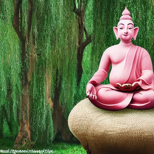 Image similar to a cute pig, meditating like buddha wearing mala beads, on top of a giant mushroom, large willow tree in the background.