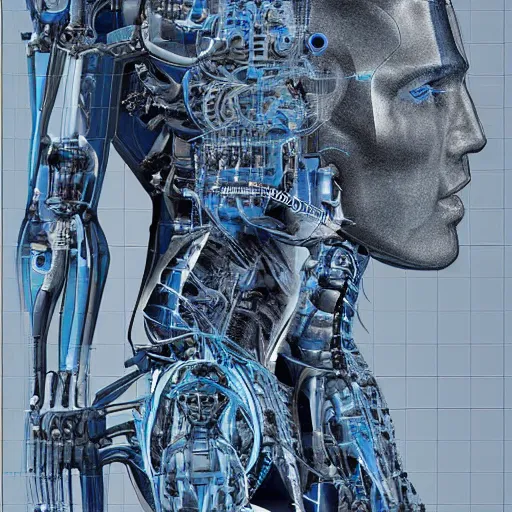 Prompt: A blueprint of a human cyborg, highly detailed, intricate, hyper realistic