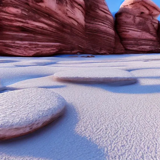 Prompt: beautiful rock formations in the utah desert during winter, dead desolate, beautiful vibrant, snow, unreal engine 5, octane render