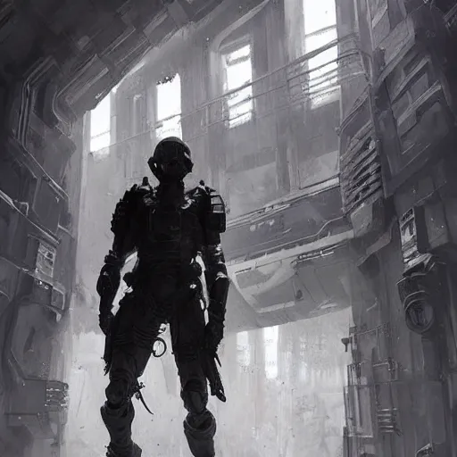 Image similar to concept art by greg rutkowski, soldiers in white and black futuristic tactical gear, through the corridors of the ship, claustrophobic and futuristic, brutalistic environment, scifi, detailed and intricate environment, high technology, highly detailed portrait, digital painting, artstation, concept art, smooth, sharp foccus ilustration, artstation hq.