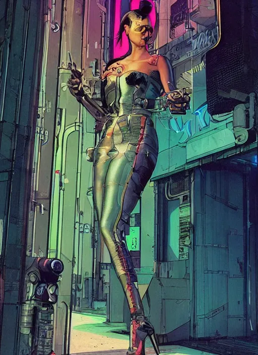 Image similar to cyberpunk hitwoman walking into a nightclub. portrait by mœbius and will eisner and gil elvgren and pixar. realistic proportions. cyberpunk 2 0 7 7, apex, blade runner 2 0 4 9 concept art. cel shading. attractive face. thick lines.