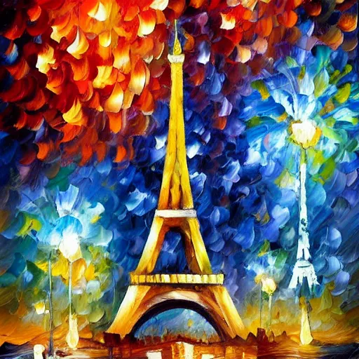 Image similar to Oil painting of Eiffel Tower with fireworks in the sky by Leonid Afremov