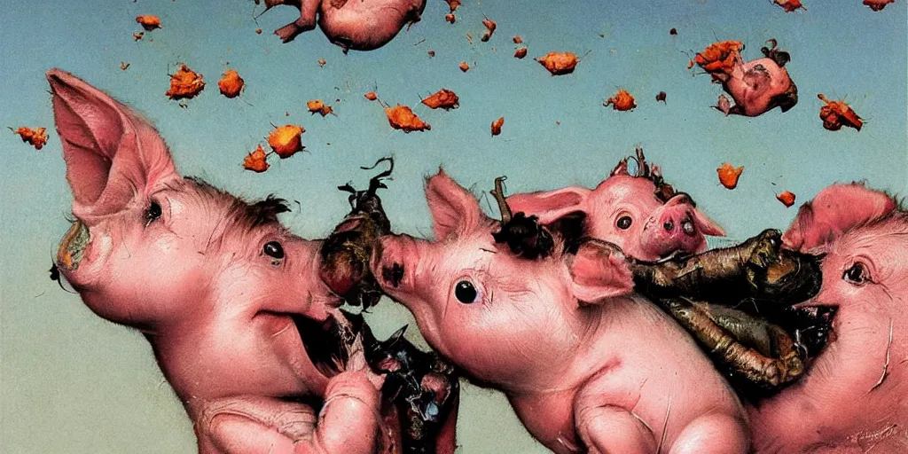 Prompt: a hyperrealistic photo of a little piglet with fangs by francis bacon, surreal, norman rockwell and james jean, greg hildebrandt, and mark brooks, triadic color scheme, by greg rutkowski, in the style of francis bacon and syd mead and edward hopper and norman rockwell and beksinski, dark surrealism, open ceiling. highly detailed professional photograph