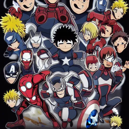 Image similar to the avengers in the style of my hero academia, character art.