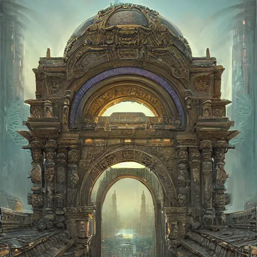 Prompt: carved futuristic gateway at the end of ancient ornate steps with a large wide window to a city which details the vast architectural scientific ancient and cultural achievements of humankind, magical atmosphere, molecules and machines, renato muccillo, jorge jacinto, damian kryzwonos, ede laszlo, highly detailed digital art, cinematic blue and gold