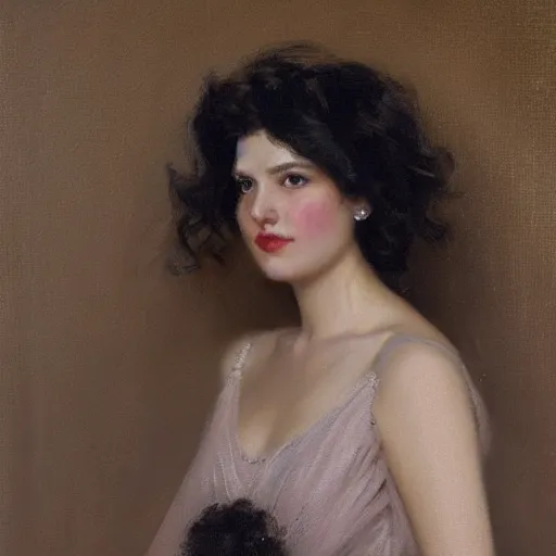 Image similar to a oil painting of a fair skin with dark curly stylised hair queen wearing dress, by frederick william elwell, highly detailed, realistic, concept art, jewels, oriental, desaturated