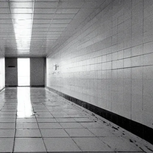 Prompt: Beautiful Liminal Photograph of an infinitely tiled infinite liminal liminal hallway with water water water water on the floor