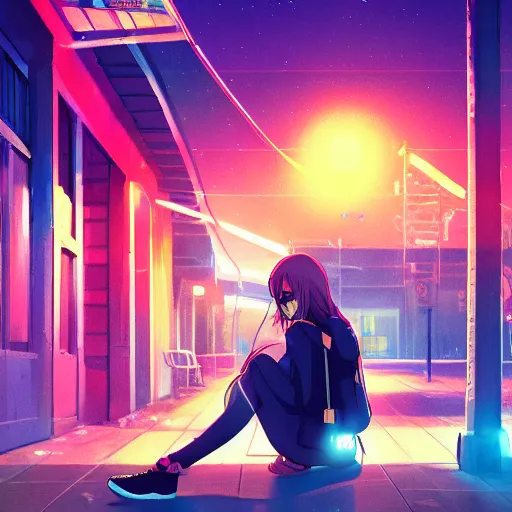 Image similar to listening to music at 2 am, night, pretty hispanic girl, pose, neon rain, lofi, lofi, peaceful, street light, anime key visual, poster, street wears, anime, by ghibli, ghibli studio high quality, 4 k, trending, trending on artstation