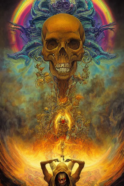 Prompt: gigantic psychedelic demonic cosmic skull of death and hell fire, fantasy painting, ultra realistic, wide angle, art nouveau, intricate details, rainbowshift, vivid colors, highly detailed by peter mohrbacher, h. r. giger, maxfield parrish, gustave dore, craig mullins, octane render, cgi