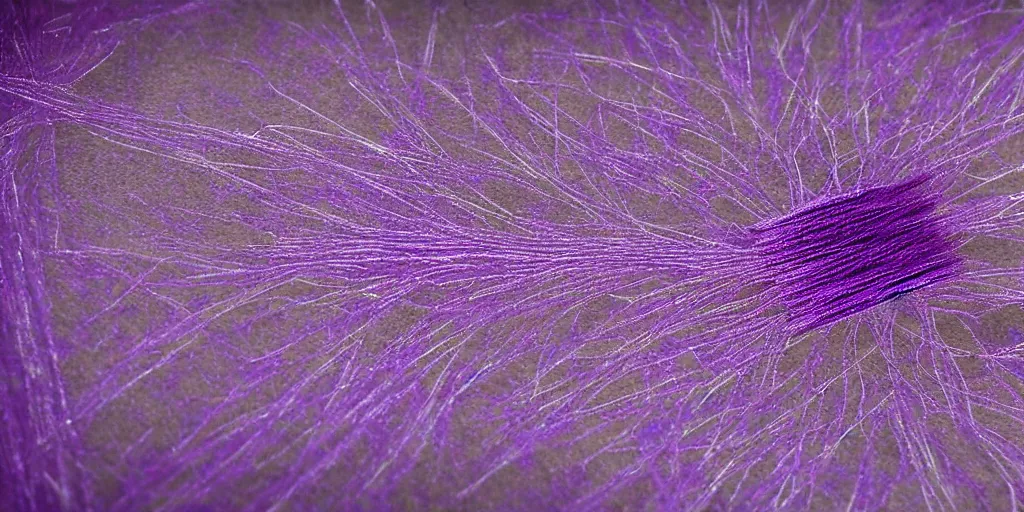 Image similar to a tiny futuristic loom machine that weaves purple threads. the threads gradually turn into a field of purple flowers, aesthetic, intricate, elegant, 8K, concept art, highly detailed, hyper-realistic, polished, artstation