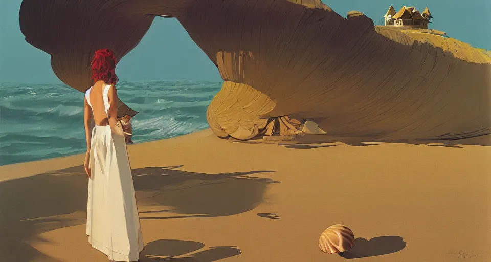 Prompt: a hermit girl standing outside her big seashell home, atmospheric cinematography by syd mead