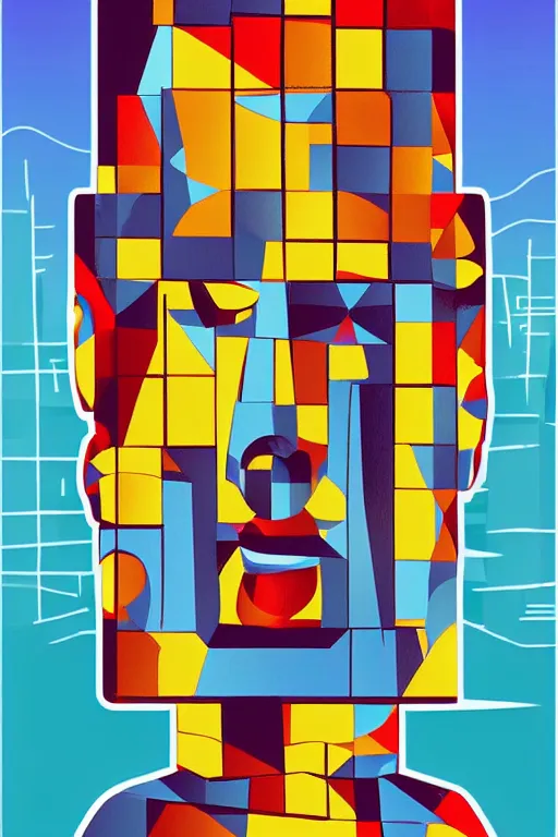 Image similar to cubist moai statue cutout digital illustration cartoon colorful beeple