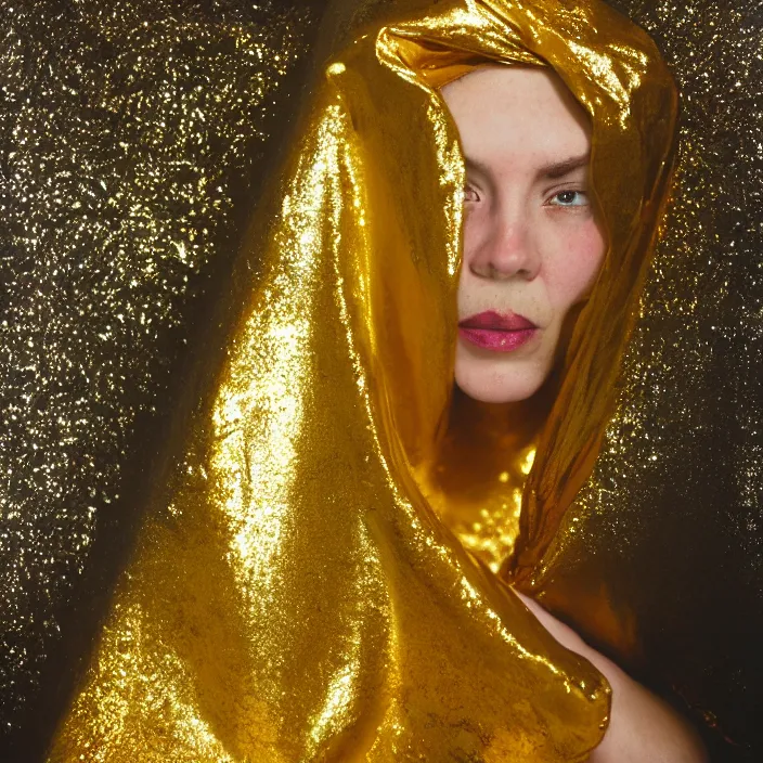 Image similar to a color photograph, closeup portrait of a woman wrapped in a gold mylar foil blanket, sitting in an abandoned coffee shop, color photograph, by vincent desiderio, canon eos c 3 0 0, ƒ 1. 8, 3 5 mm, 8 k, medium - format print