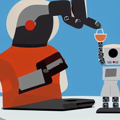 Prompt: a robot handing a cup of coffee to a software engineer working