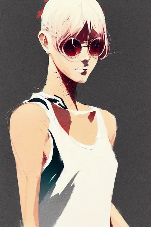 Image similar to a ultradetailed beautiful painting of a stylish woman with a white tank top, by conrad roset, greg rutkowski and makoto shinkai trending on artstation