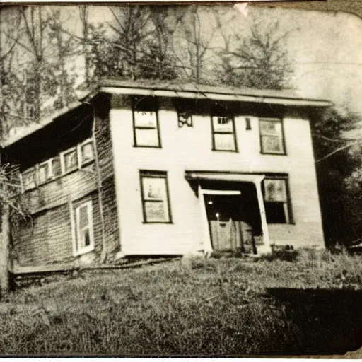 Image similar to A 1900's polaroid photograph of a house with a scary stick monster in the front door with bright white eyes, creepypasta, liminal