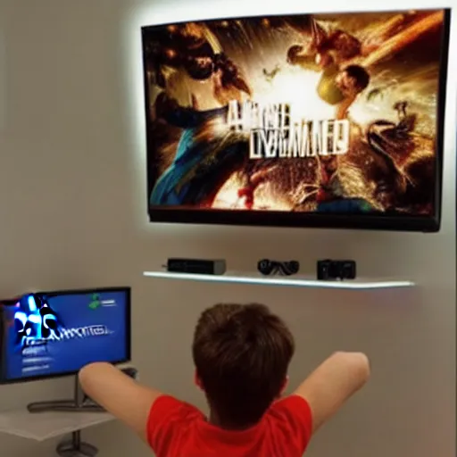 Image similar to a young man with brown hair reads a message on his TV and is super happy, and dancing on the ceiling, because he gets free Xbox game upgrades on his computer, realistic photo