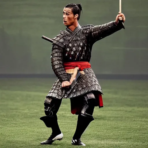Image similar to Cristiano Ronaldo as samurai, a film still