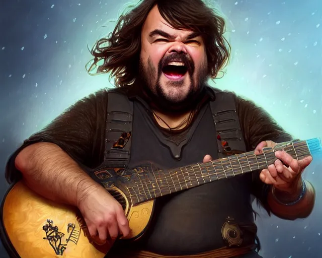 Prompt: photography of jack black with a guitar singing 8 k, deep focus, d & d, fantasy, intricate, elegant, highly detailed, digital painting, artstation, concept art, matte, sharp focus, illustration, hearthstone, art by artgerm and greg rutkowski and alphonse mucha